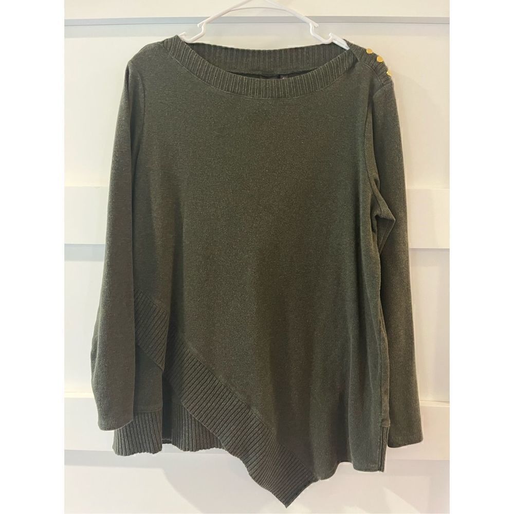 Rafaela Green Sweater with gold buttons on shoulders sharkbite hem asymmetrical